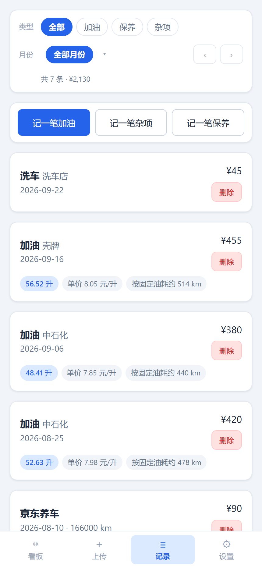 账本：按类型 / 月份筛选，加油笔数自动显示升数与预估里程（演示数据）